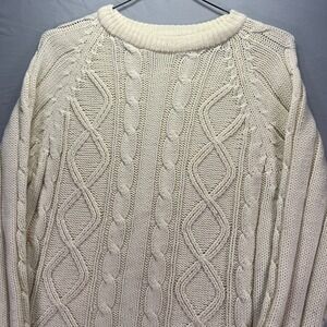 Vintage Grandma Sweater Women Large White Ivory Cable Knit Fisherman Acrylic 70s